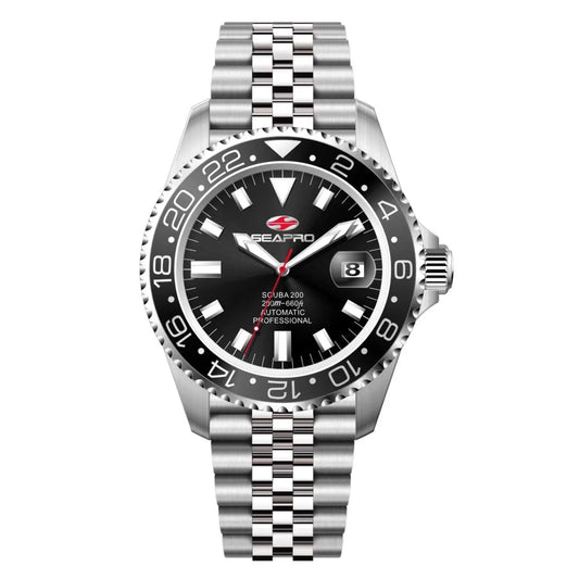 Seapro Grand Meridian men's watch with black dial, stainless steel bracelet, rotating GMT bezel, date window on Tampa Home & Garden Store
