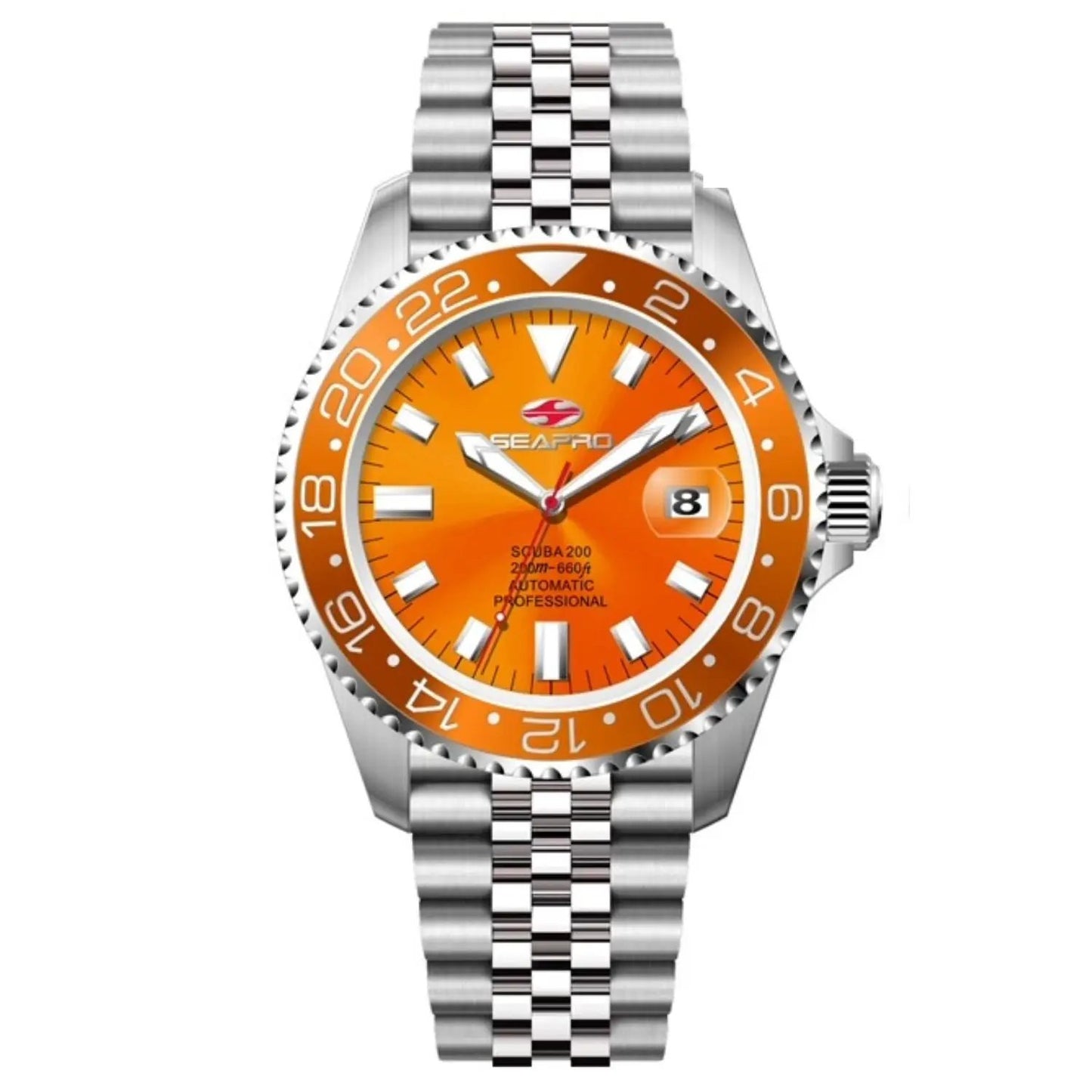 Seapro Grand Meridian men's watch with orange dial, stainless steel bracelet, date window on Tampa Home & Garden Store