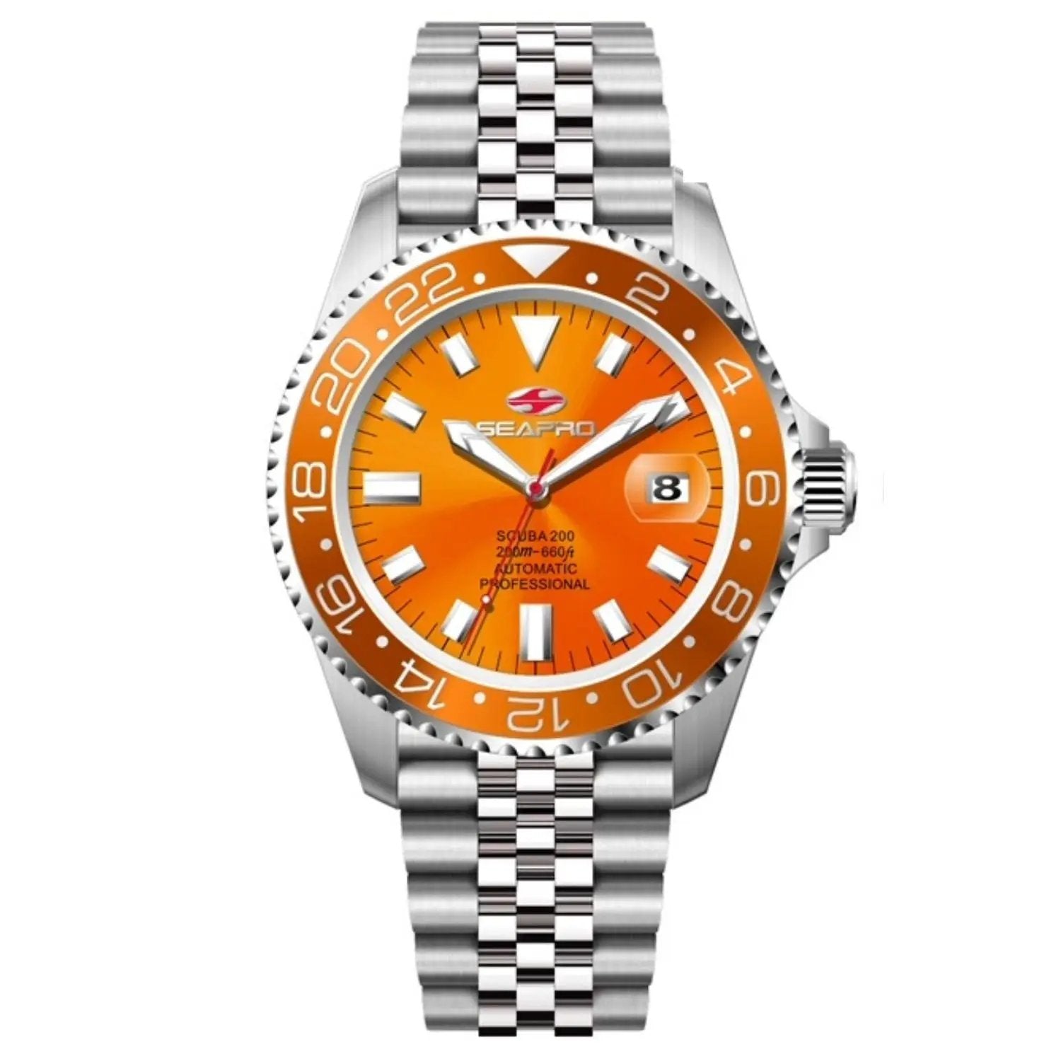 Seapro Grand Meridian men's watch with orange dial, stainless steel bracelet, date window on Tampa Home & Garden Store