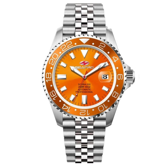 Seapro Grand Meridian men's watch with orange dial, stainless steel bracelet, date window on Tampa Home & Garden Store