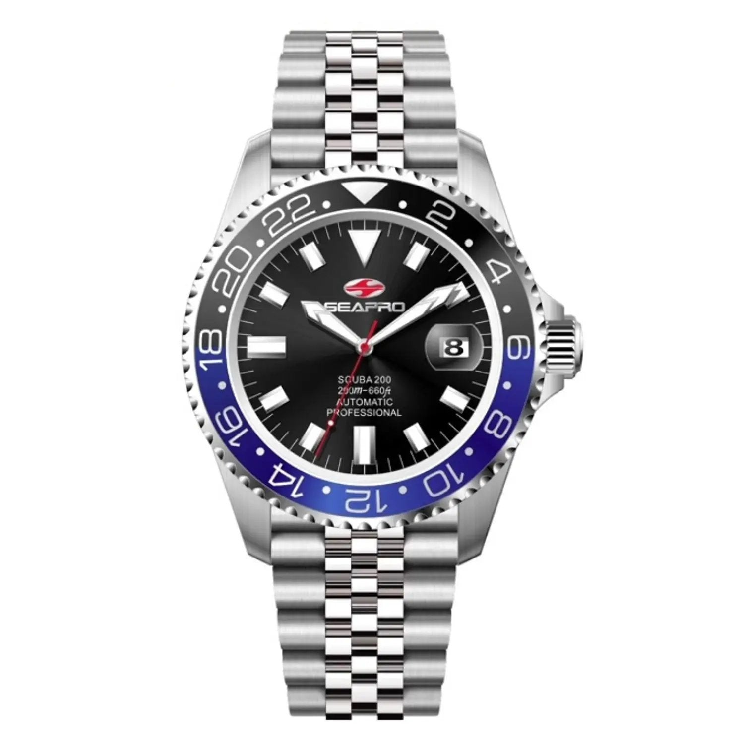 Seapro Grand Meridian diver watch with stainless steel bracelet, black dial, blue bezel on Tampa Home & Garden Store