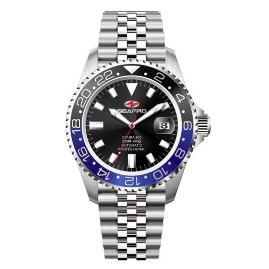 Seapro Grand Meridian diver watch with stainless steel bracelet, black dial, blue bezel on Tampa Home & Garden Store