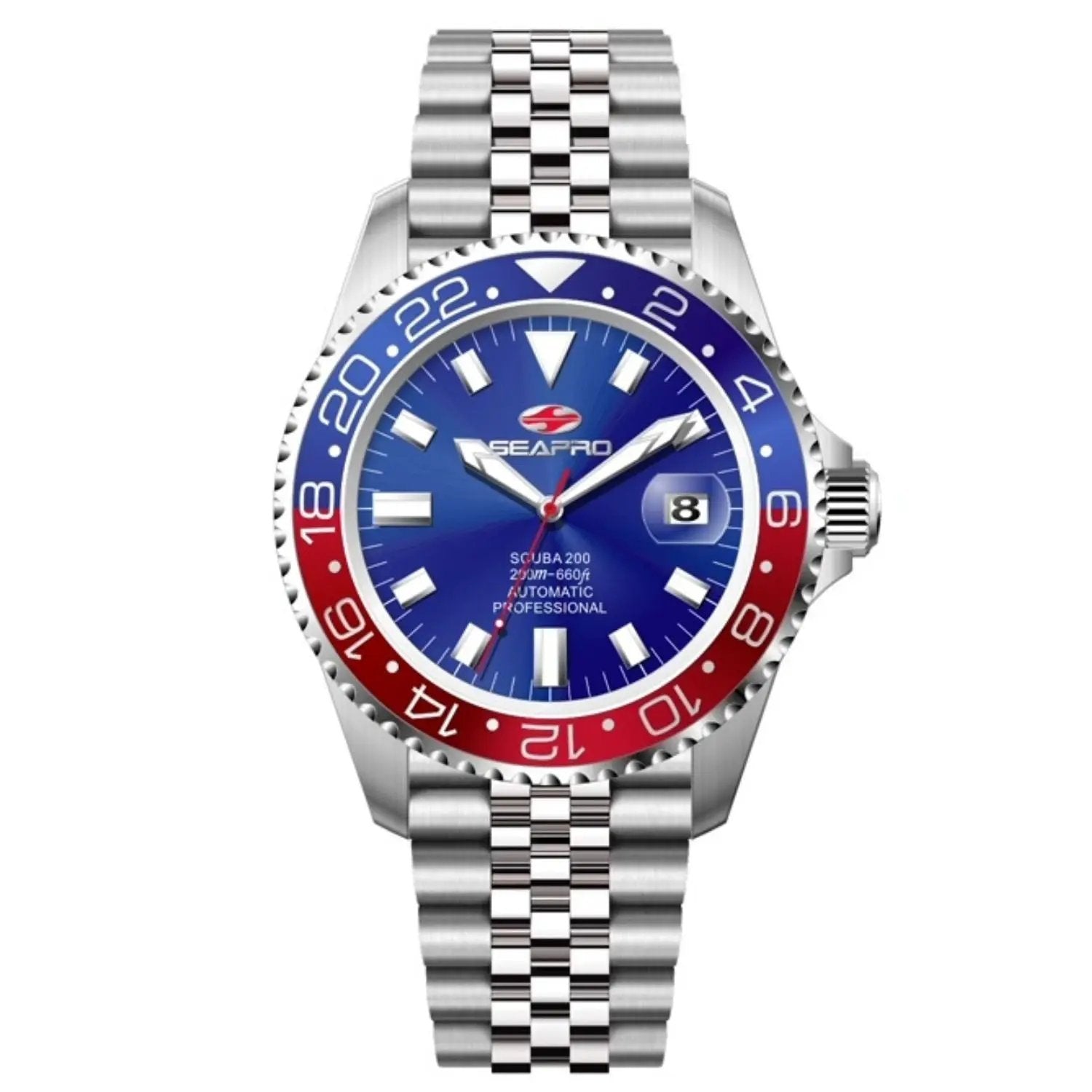 Seapro Grand Meridian men's watch blue dial with stainless steel bracelet and red-blue bezel on Tampa Home & Garden Store