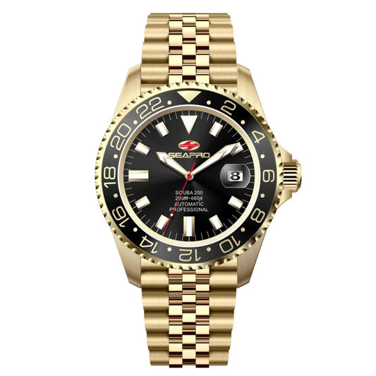 Seapro Grand Meridian men's watch gold-tone stainless steel bracelet black dial with date window on Tampa Home & Garden Store
