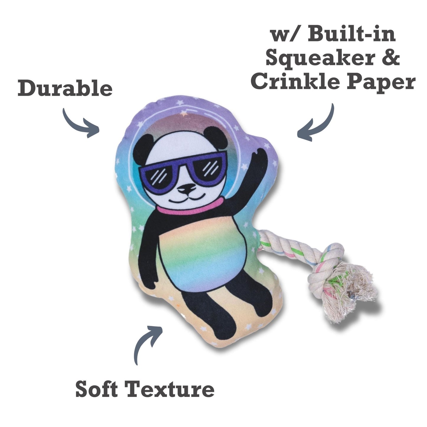 Peluche de panda espacial para perro: con chirriador y papel arrugado para un juego divertido