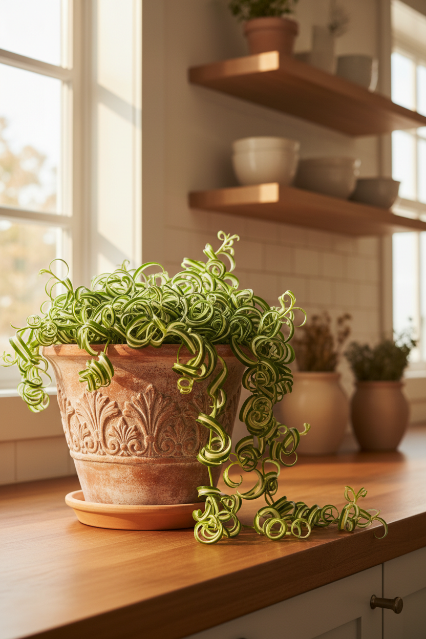 Spider Plant Bonnie in terracotta pot with curly variegated leaves, Rooted Treasures Farms on Tampa Home & Garden Store
