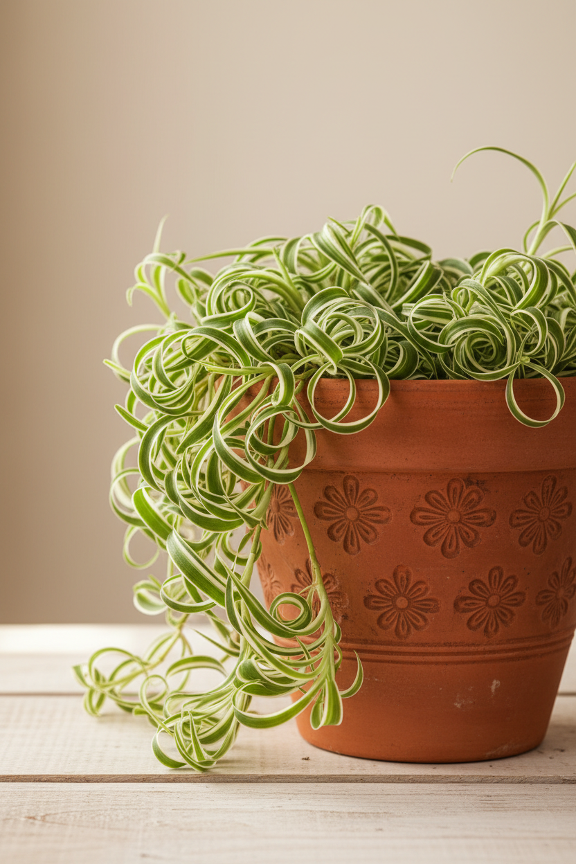 Spider Plant Bonnie variegated trailing leaves in terracotta pot potted houseplant on Tampa Home & Garden Store