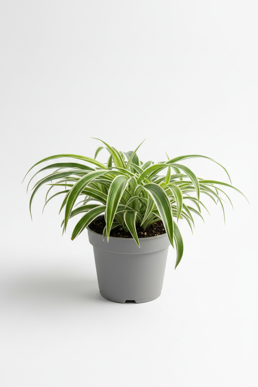 Reverse Spider Plant in gray pot with variegated leaves on Tampa Home & Garden Store