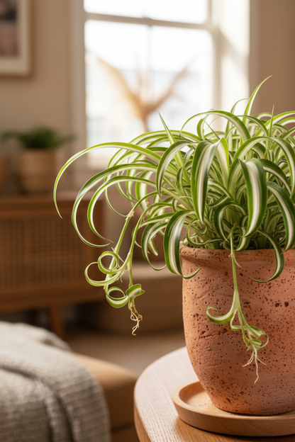 Reverse Spider Plant with variegated green and cream leaves in a terracotta pot on Tampa Home & Garden Store