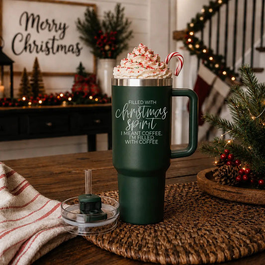 Gia Roma Christmas Spirit 40oz green tumbler with whipped cream and candy cane on Tampa Home & Garden Store