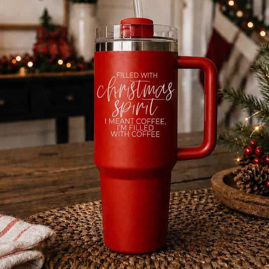 Christmas Spirit 40oz travel mug by Gia Roma, red tumbler with clear lid and white script on Tampa Home & Garden Store