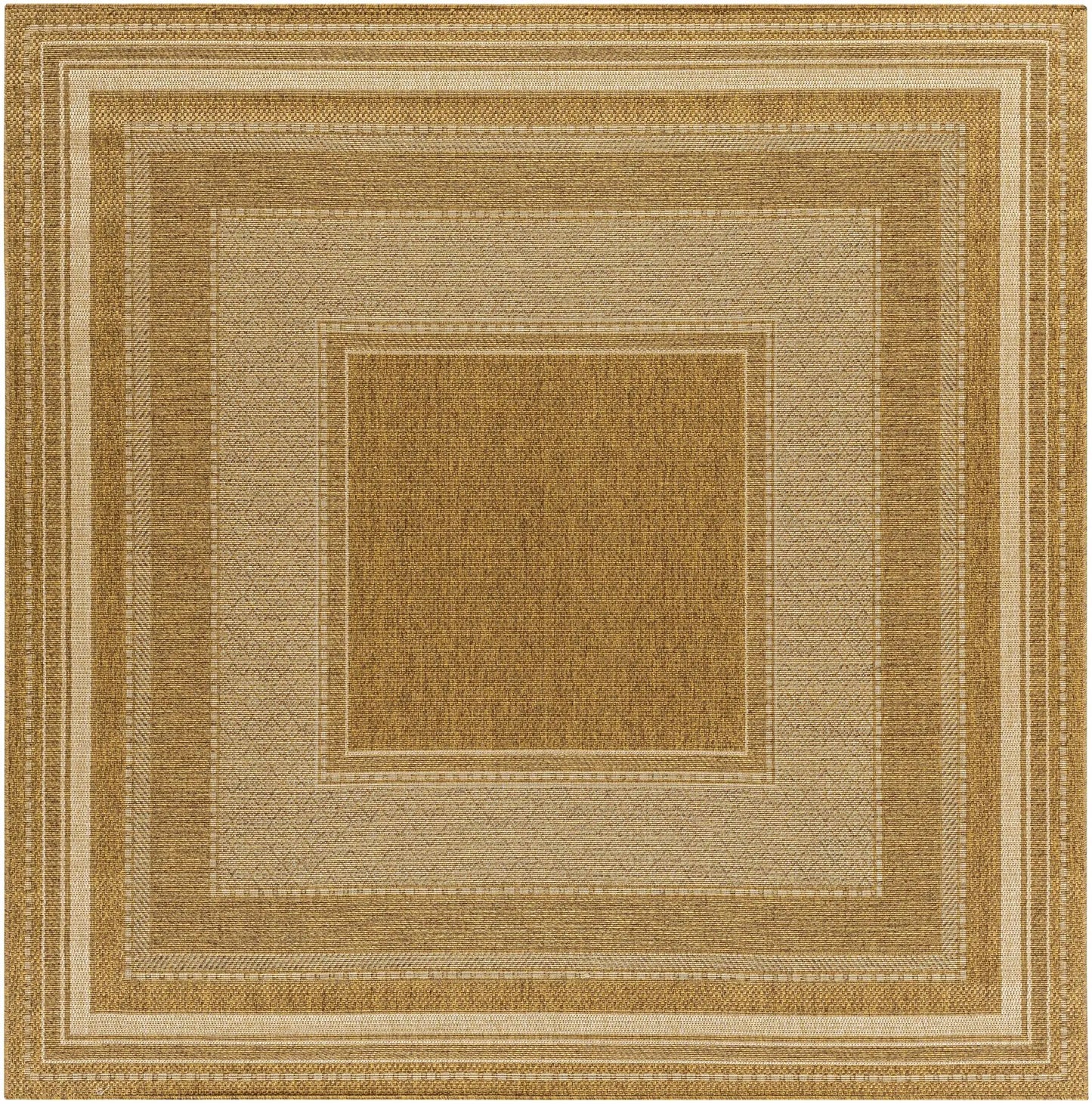 Chael Flatweave Faux Jute Outdoor Rug in tan beige with bordered frame pattern by Boutique Rugs on Tampa Home & Garden Store