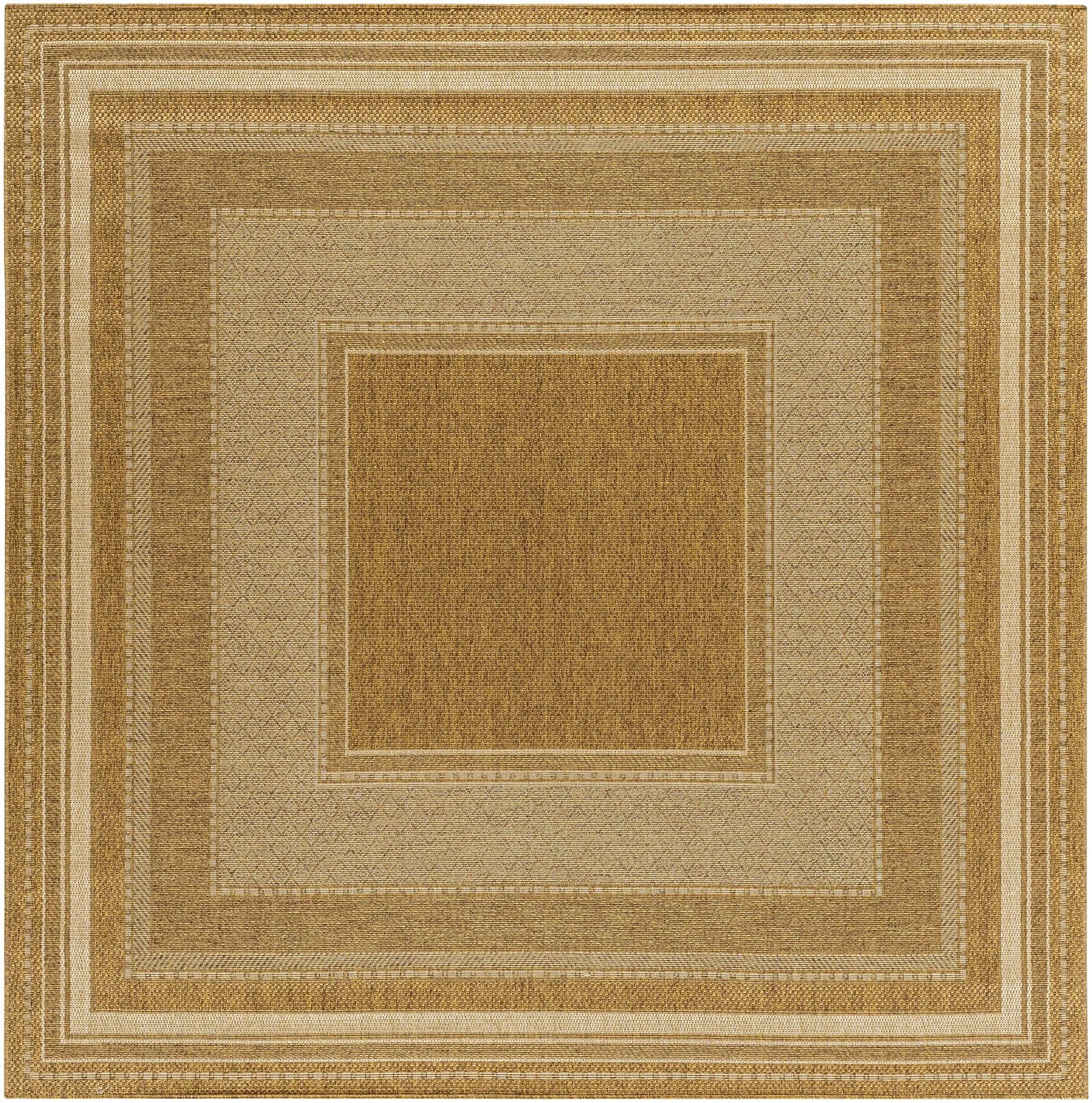Chael Flatweave Faux Jute Outdoor Rug in tan beige with bordered frame pattern by Boutique Rugs on Tampa Home & Garden Store