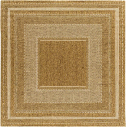 Chael Flatweave Faux Jute Outdoor Rug in tan beige with bordered frame pattern by Boutique Rugs on Tampa Home & Garden Store