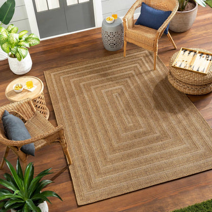 Dyami Flatweave Faux Jute Outdoor Rug in natural beige for patios and decks on Tampa Home & Garden Store