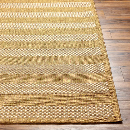Hiero Flatweave Faux Jute Outdoor Rug tan beige striped textured weave on wood floor on Tampa Home & Garden Store