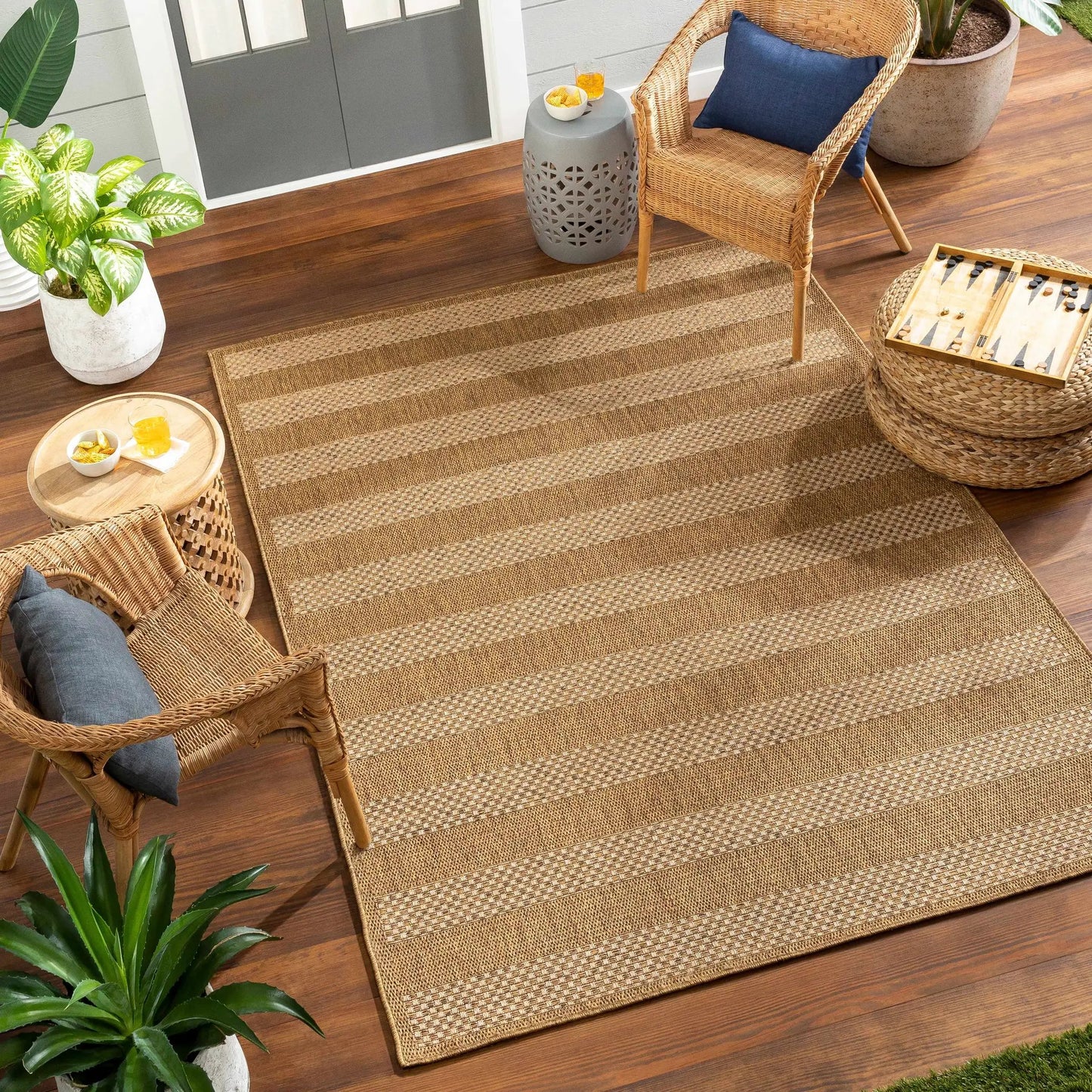 Hiero Flatweave Faux Jute Outdoor Rug Boutique Rugs in warm beige brown stripes for outdoor use on Tampa Home & Garden Store