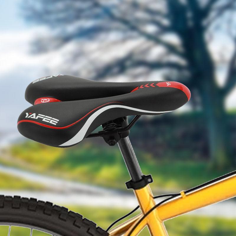 Sport bicycle saddle black with red trim and white stripe, Yafee logo on yellow bike frame on Tampa Home & Garden Store