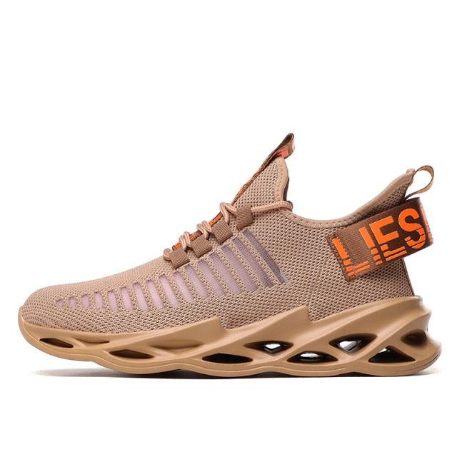 Stevvex men's breathable tan mesh running sneakers with lavender side stripes and blade sole on Tampa Home & Garden Store