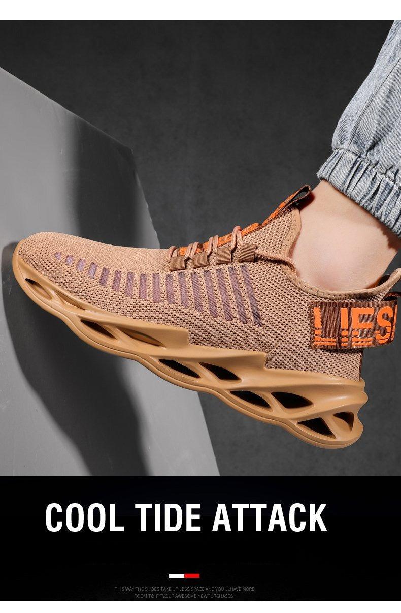 Stevvex men's sneakers breathable tan knit upper with orange accents and blade sole on Tampa Home & Garden Store