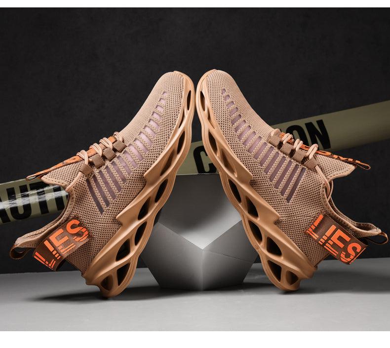 Stevvex sneakers beige breathable running shoes with orange accents, hollow sole, mens pair on Tampa Home & Garden Store