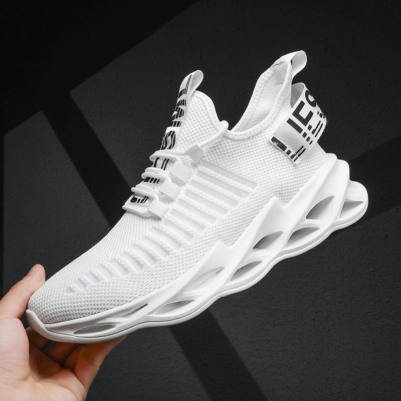 Stevvex white breathable mesh running sneaker for men with knit upper and blade-like sole on Tampa Home & Garden Store