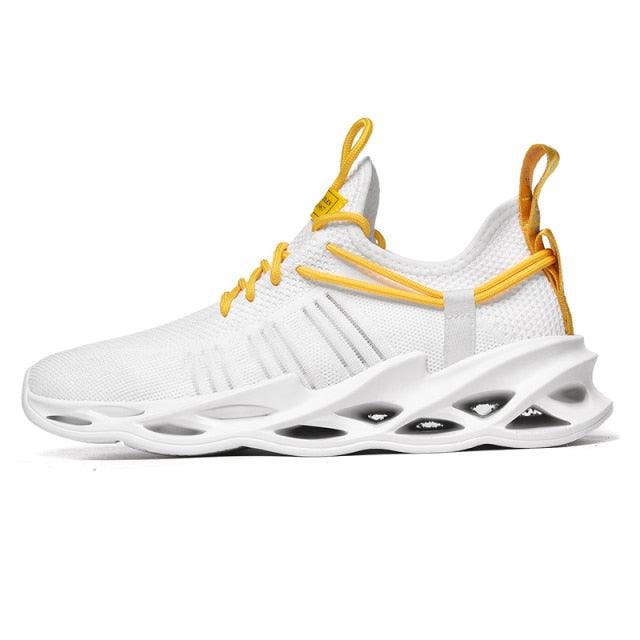 Mens running sneaker Stevvex white breathable mesh with yellow laces and blade sole on Tampa Home & Garden Store
