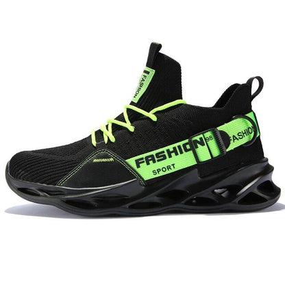 Stevvex men's sport sneakers with black knit upper and neon-green laces and strap on Tampa Home & Garden Store