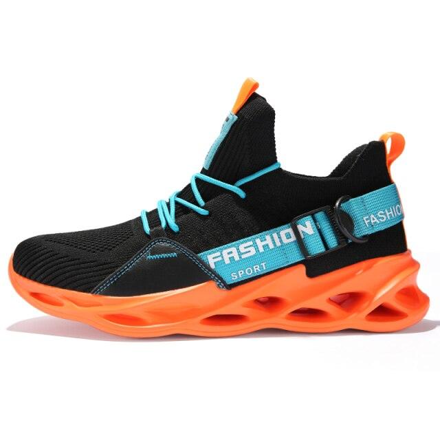 Men's breathable running sneakers with black mesh upper, blue laces and strap, orange sole on Tampa Home & Garden Store