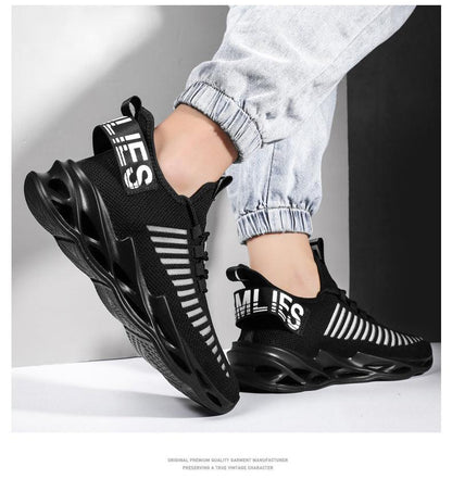 Stevvex men's black mesh running sneakers with white stripes and chunky sole for wear on Tampa Home & Garden Store