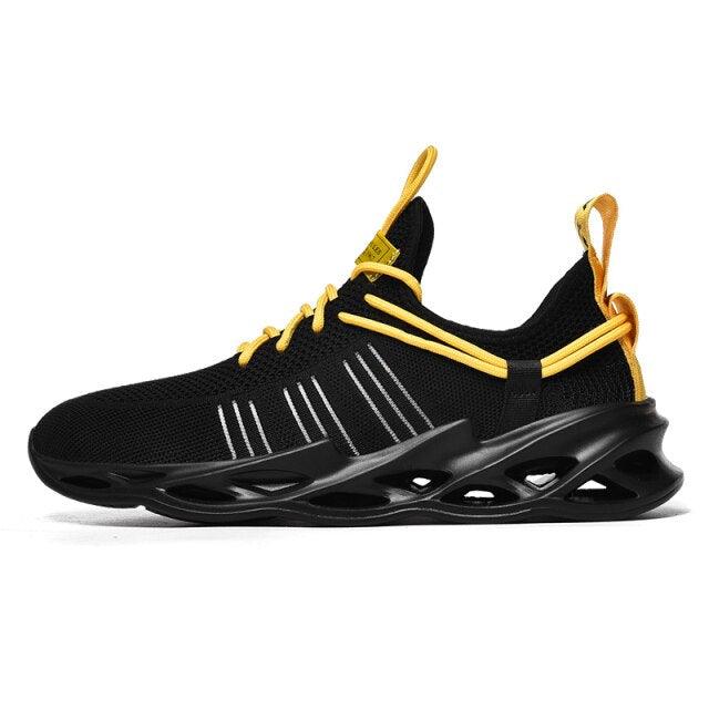 Men's Stevvex sneakers black breathable running with yellow laces blade sole on Tampa Home & Garden Store