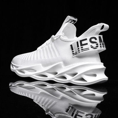 Stevvex white breathable mens sneakers with knit upper and sculpted blade sole on Tampa Home & Garden Store