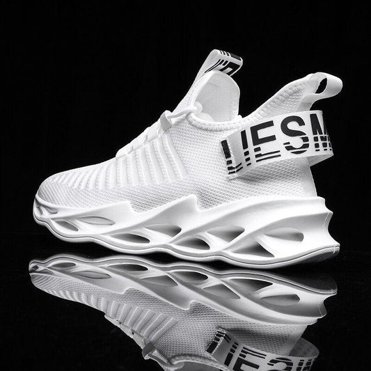 Stevvex white breathable mens sneakers with knit upper and sculpted blade sole on Tampa Home & Garden Store