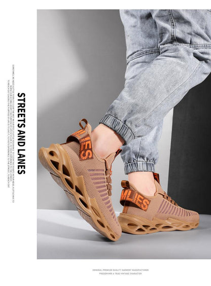 Stevvex men's sneakers with tan breathable knit upper, orange pull tab, blade-style sole on Tampa Home & Garden Store