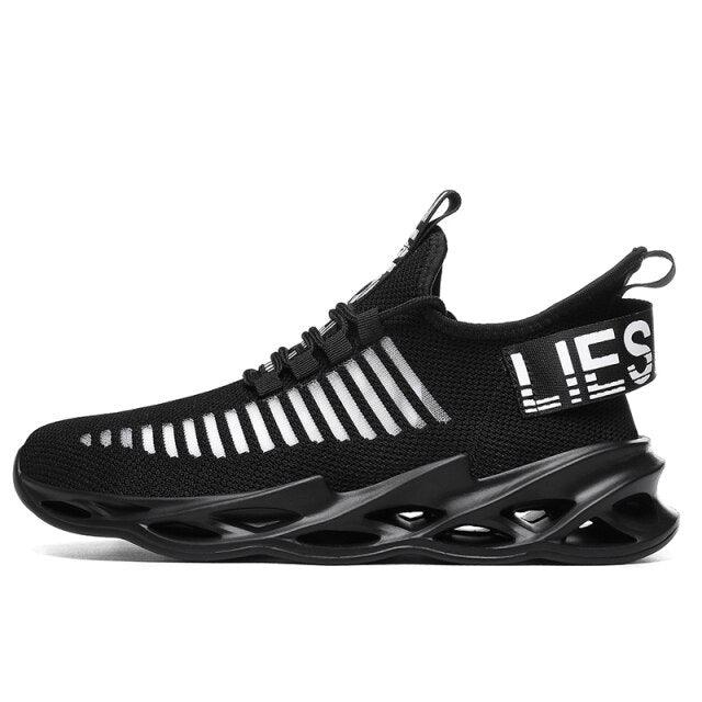 Stevvex mens sneakers black knit upper with white stripes, breathable running shoe, blade sole on Tampa Home & Garden Store