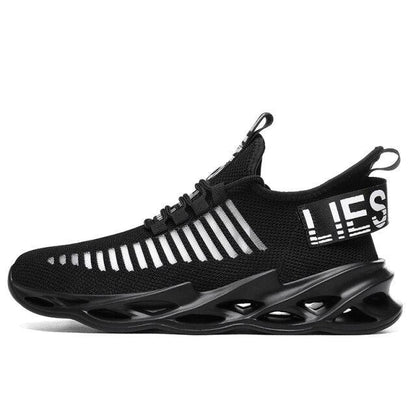 Stevvex mens sneakers black knit upper with white stripes, breathable running shoe, blade sole on Tampa Home & Garden Store