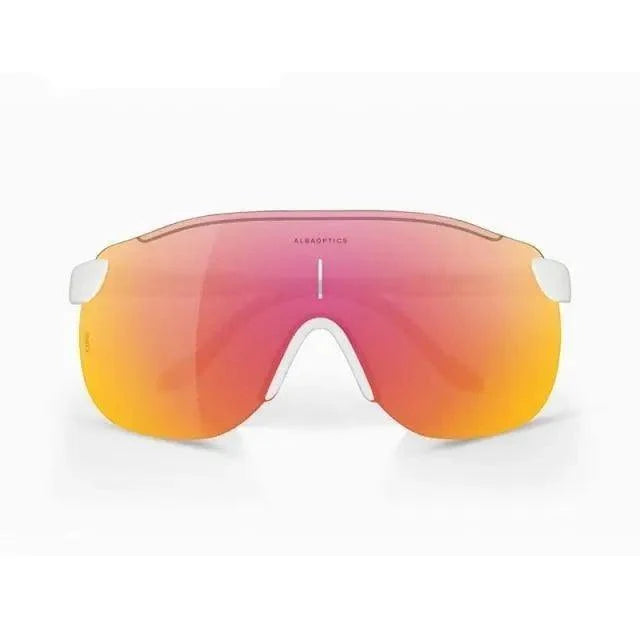 Stevvex sport riding sunglasses pink-orange mirrored wraparound lens with white nose bridge on Tampa Home & Garden Store