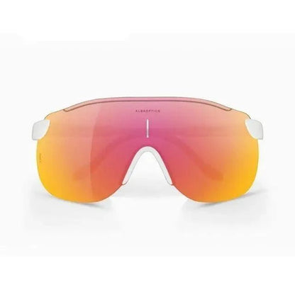 Stevvex sport riding sunglasses pink-orange mirrored wraparound lens with white nose bridge on Tampa Home & Garden Store