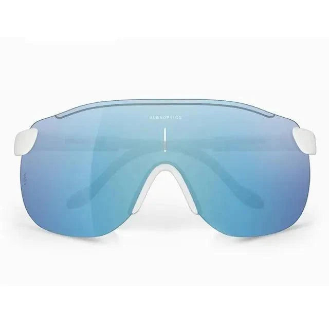 Sport riding sunglasses Stevvex with blue mirrored lenses and white side accents on Tampa Home & Garden Store