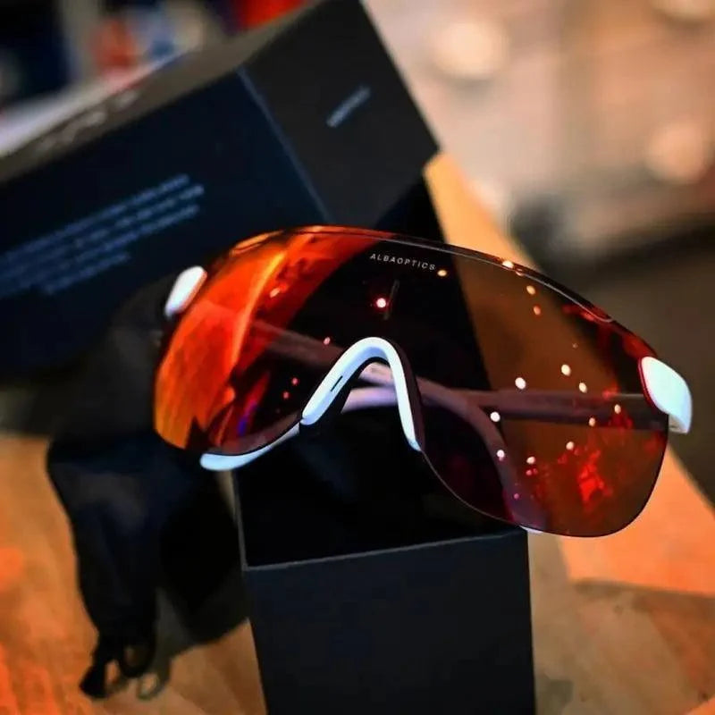 Stevvex sport riding sunglasses with red mirrored lenses and white nose bridge for cycling on Tampa Home & Garden Store