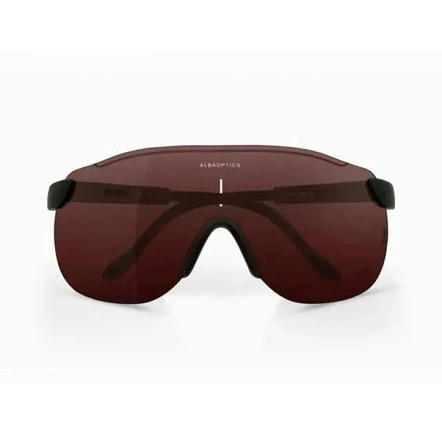 Stevvex sport riding sunglasses wraparound shield lens red-brown tint AlbaOptics branding on Tampa Home & Garden Store