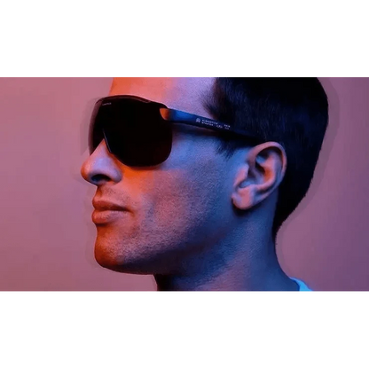 Sport riding sunglasses by Stevvex in black frame with dark lenses seen in a side profile on Tampa Home & Garden Store