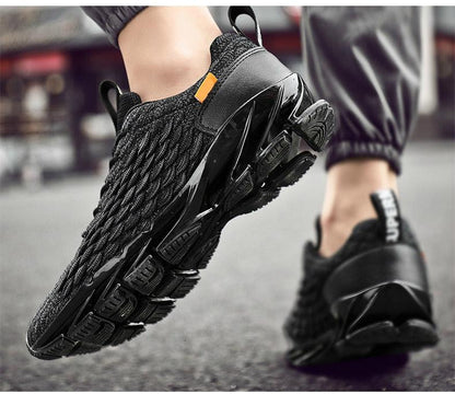 Stevvex athletic sneakers, black knit upper, non-slip chunky sole, pair running shoes on Tampa Home & Garden Store