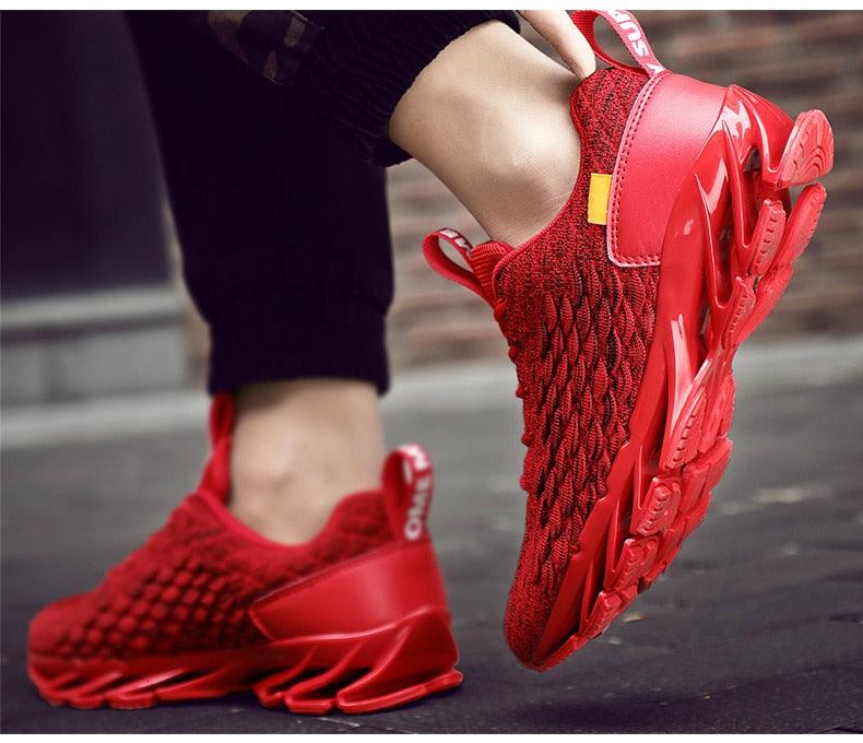 Stevvex men's red athletic running sneakers with knit upper and non-slip sole on Tampa Home & Garden Store