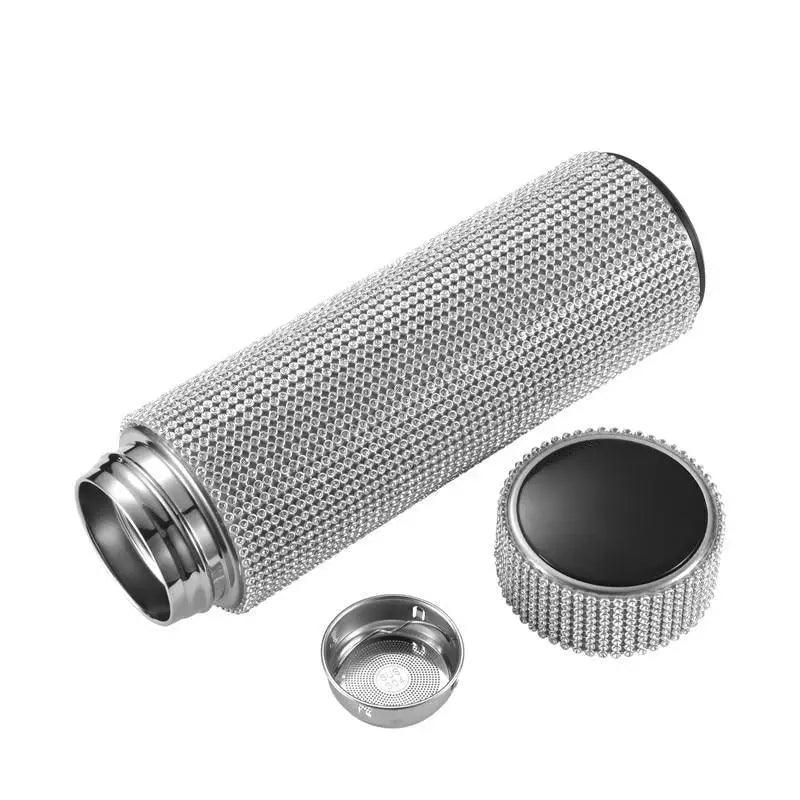 Stainless steel diamond-textured thermos bottle by Stevvex with 3-piece cap set in silver on Tampa Home & Garden Store