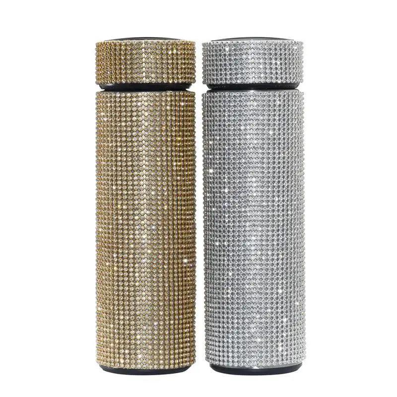 Diamond-studded stainless steel thermos bottles in gold and silver, luxury rhinestone vacuum flasks on Tampa Home & Garden Store