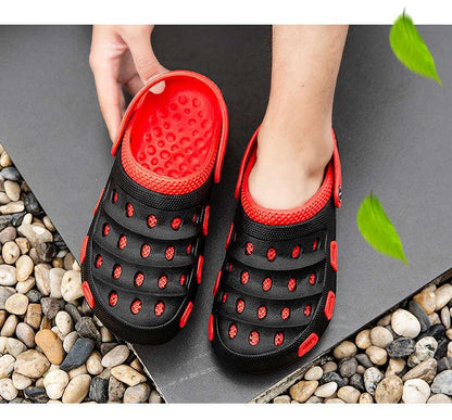 Stevvex men's sport sandals black with red lining, adjustable straps slip-on water slippers on Tampa Home & Garden Store