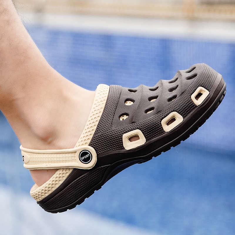 Men's sport sandal with beige adjustable strap, black slip-on clog, lightweight non-slip water shoe on Tampa Home & Garden Store
