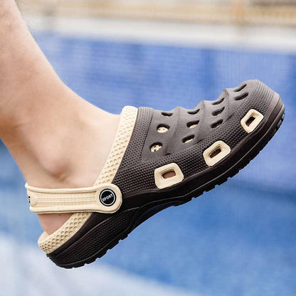 Men's sport sandal with beige adjustable strap, black slip-on clog, lightweight non-slip water shoe on Tampa Home & Garden Store