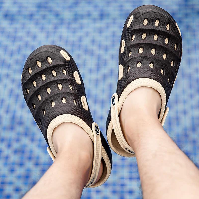 Stevvex sport summer flip flops with beige adjustable strap and perforated black upper on Tampa Home & Garden Store